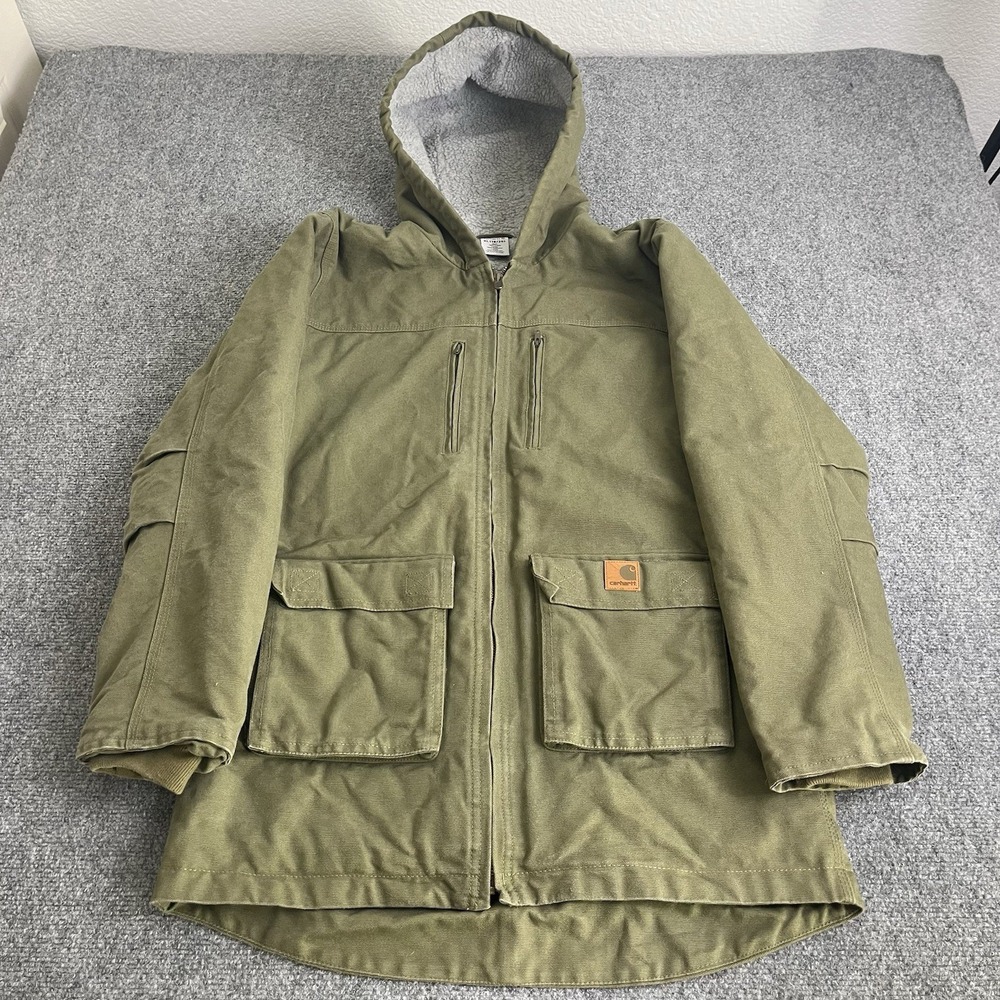 Carhartt Boys XL 18/20 Olive Green Hooded Sherpa Lined Canvas Jacket